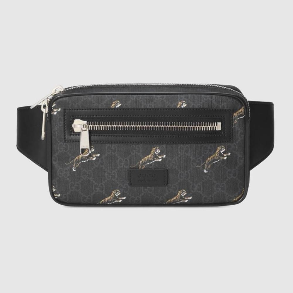 Gucci Body Bag Black Gray Silver Tiger Print Canvas Leather